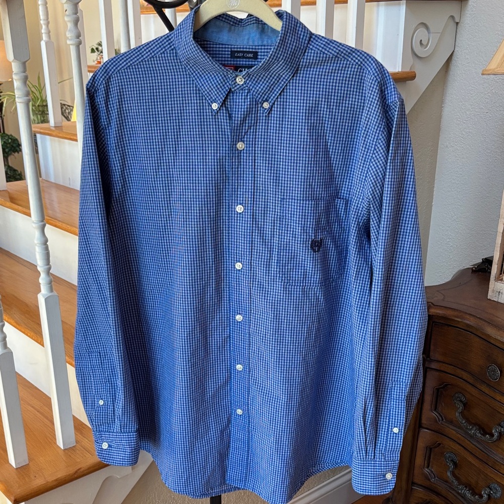 Chaps Men's Blue Gingham Button Down‎ Shirt Size Large